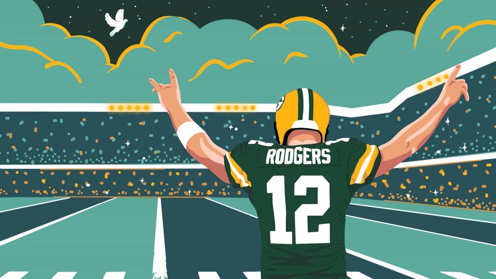 Illustration art of Aaron Rodgers celebrating a touchdown.